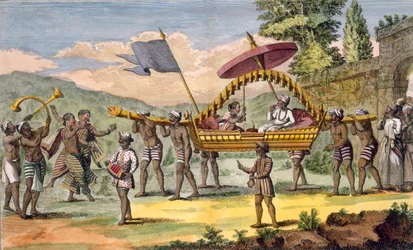 Newly married couple being taken for a promenade in a palanquin with musicians accompanying, illustration from 